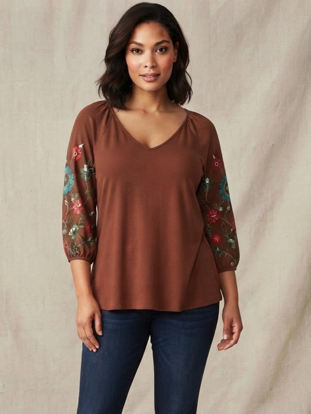 Women's Brown Boho V-Neck Top With Floral Embroidered 3/4 Sleeves Small
